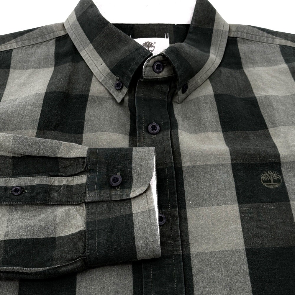 Timberland Button Down Shirt Men's XL Slim Fit Sage Green Plaid‎ Collar Casual